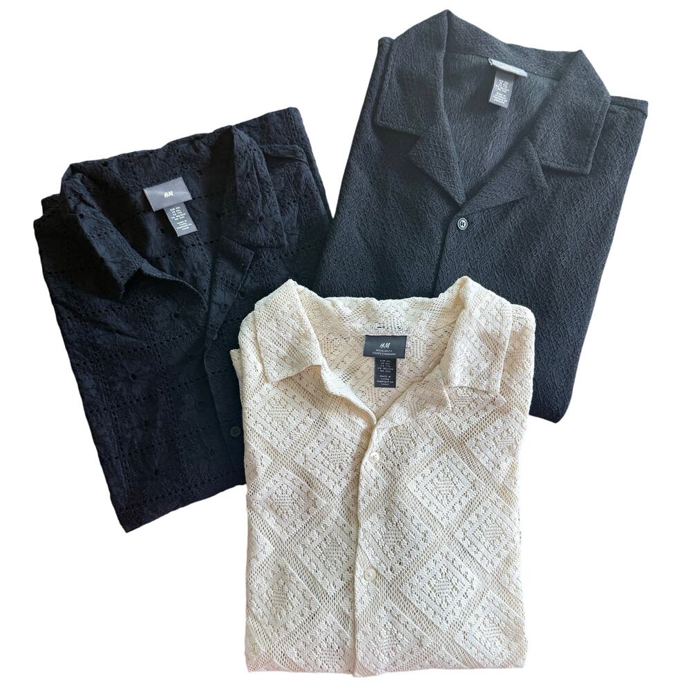 H&M Men’s XXL Textured Button Up Shirt Bundle 3pc Black Beige Crochet Resort